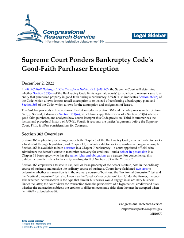 Supreme Court Ponders Bankruptcy Code’s GoodFaith Purchaser Exception