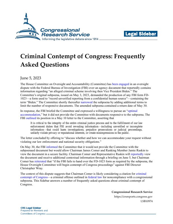 Criminal Contempt of Congress Frequently Asked Questions