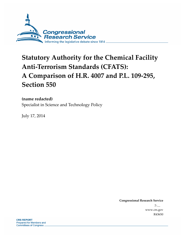 Statutory Authority for the Chemical Facility AntiTerrorism Standards