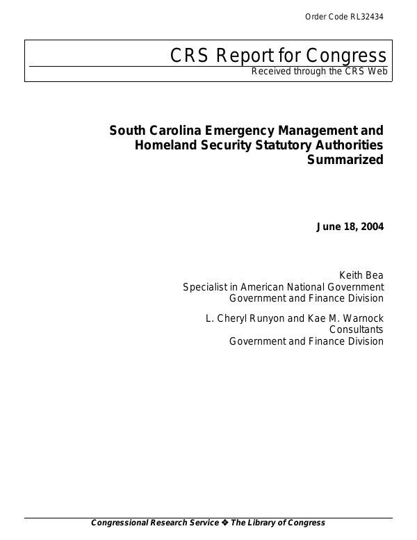 South Carolina Emergency Management and Homeland Security Statutory