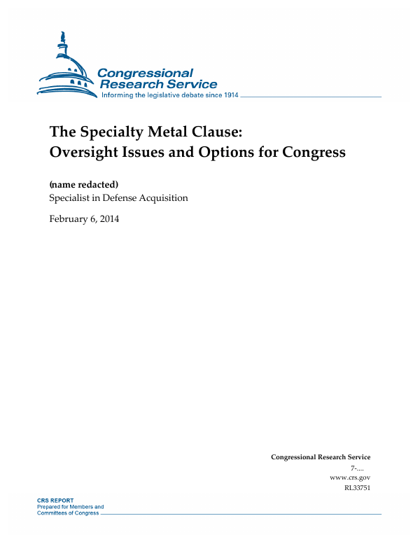 The Specialty Metal Clause Oversight Issues and Options for Congress