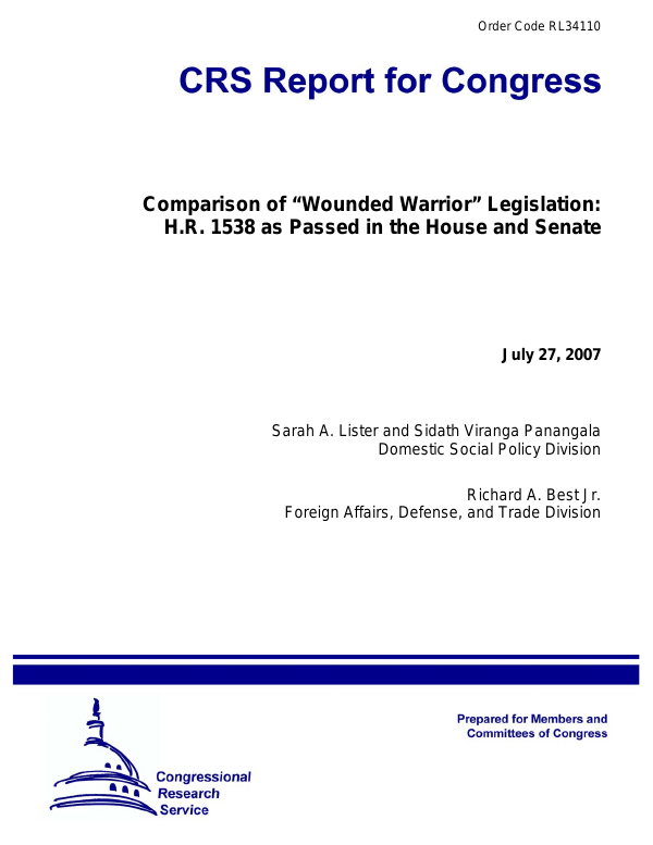 Comparison of “Wounded Warrior” Legislation H.R. 1538 as Passed in the House and Senate