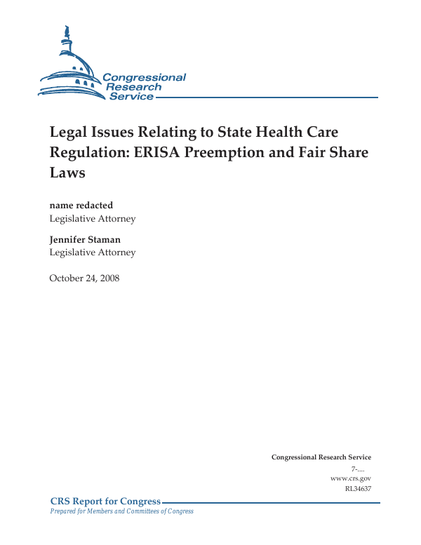Legal Issues Relating to State Health Care Regulation ERISA Preemption