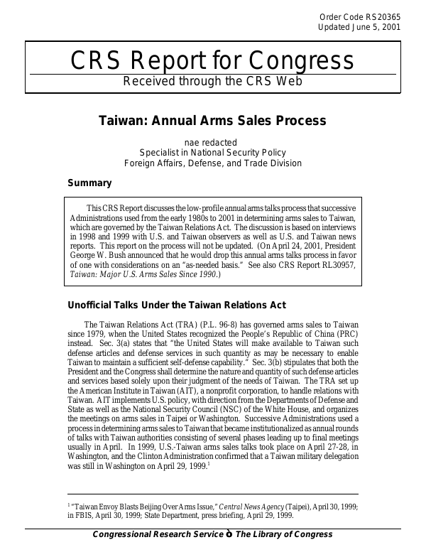 Crs Report for Congress: Taiwan: Major U.S. Arms Sales Since 1990.