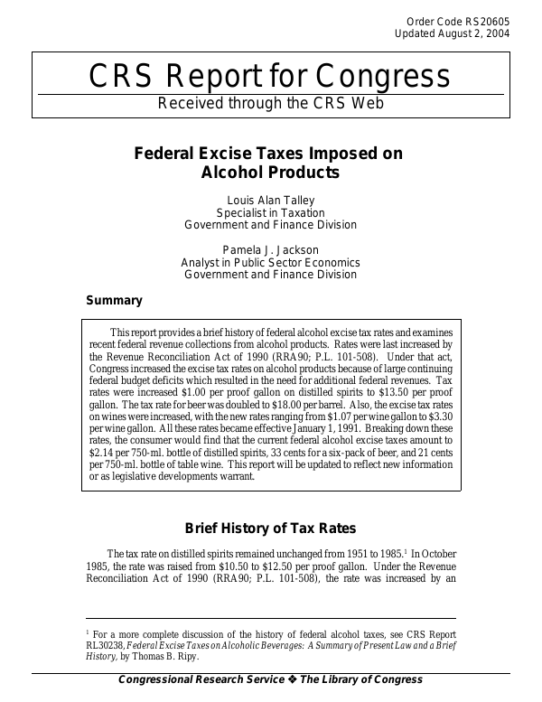 Federal Excise Taxes Imposed on Alcohol Products