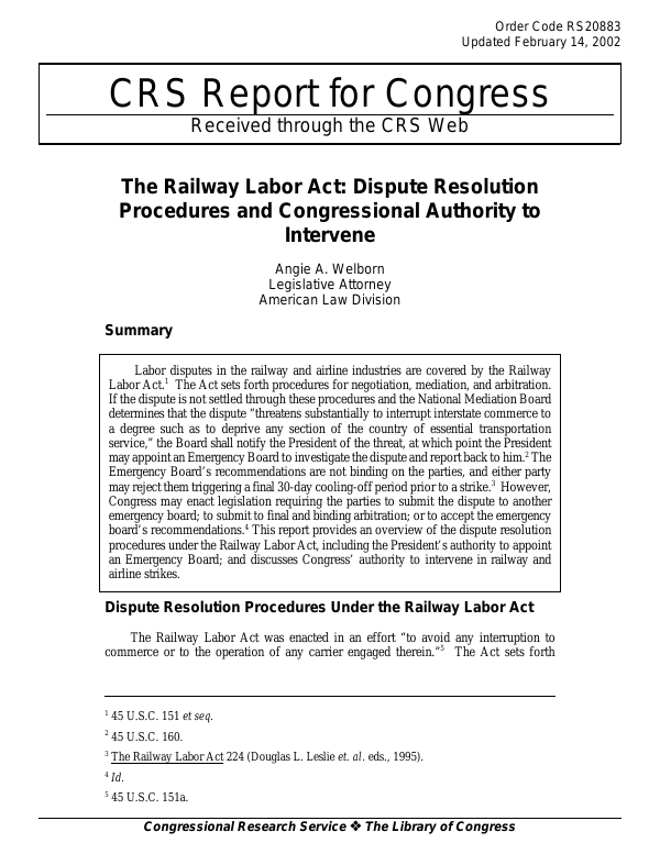 The Railway Labor Act Dispute Resolution Procedures and Congressional