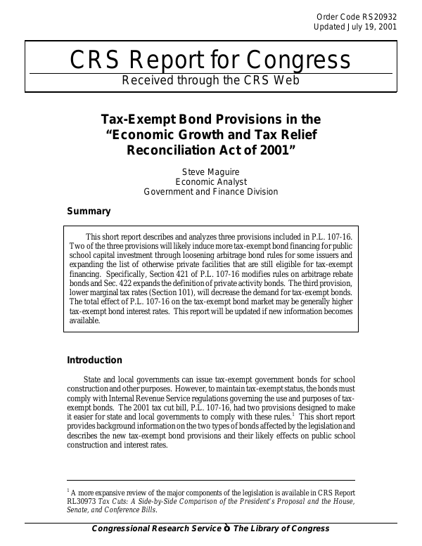 TaxExempt Bond Provisions in the “Economic Growth and Tax Relief
