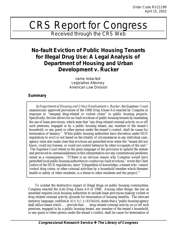 Nofault Eviction of Public Housing Tenants for Illegal Drug Use A Legal Analysis of Department