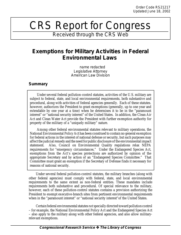 Exemptions for Military Activities in Federal Environmental Laws