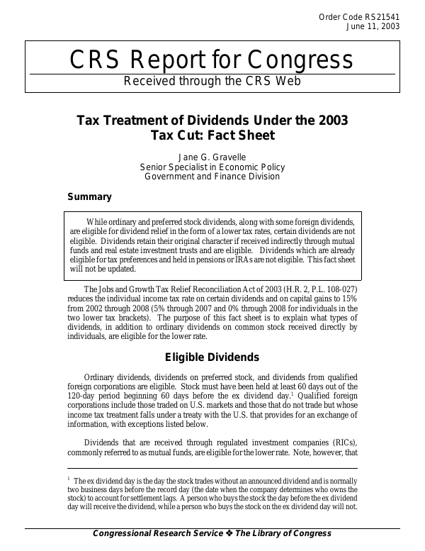 Tax Treatment of Dividends Under the 2003 Tax Cut Fact Sheet