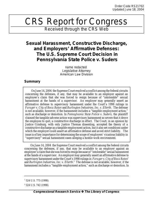 Sexual Harassment, Constructive Discharge, and Employers' Affirmative