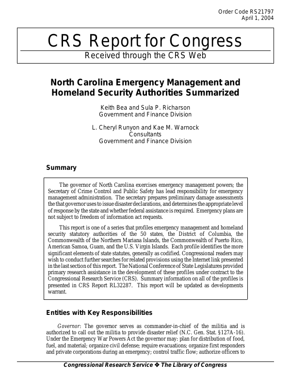 North Carolina Emergency Management and Homeland Security Authorities