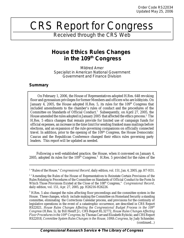 House Ethics Rules Changes in the 109th Congress
