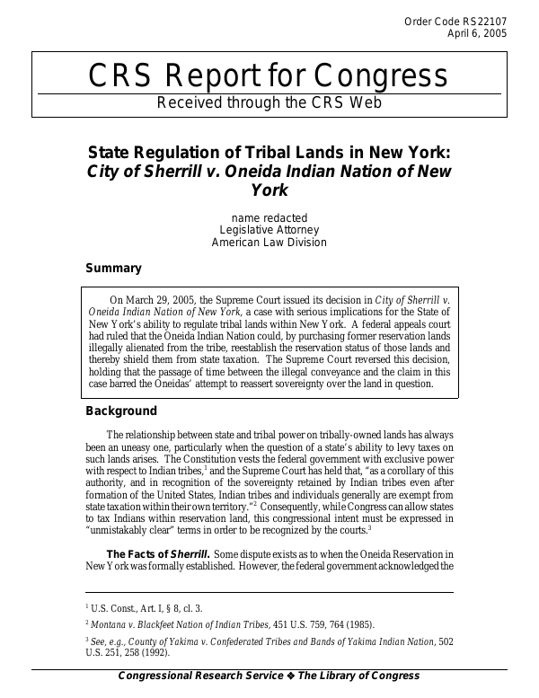 State Regulation of Tribal Lands in New York City of Sherrill v