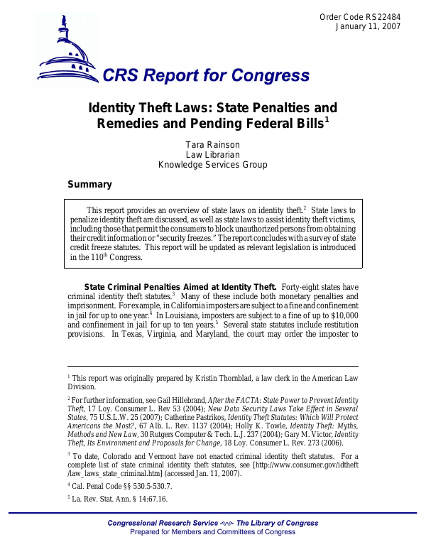 Identity Theft Laws State Penalties and Remedies and Pending Federal Bills1