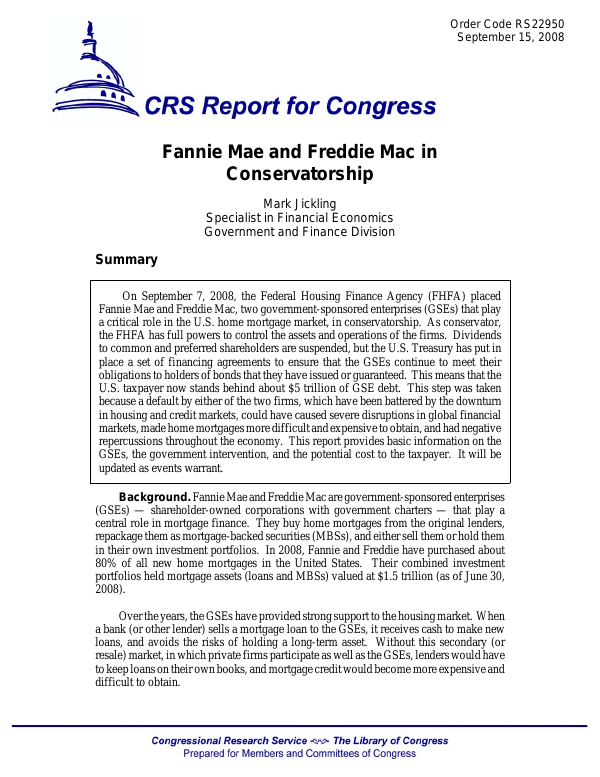 Fannie Mae and Freddie Mac in Conservatorship