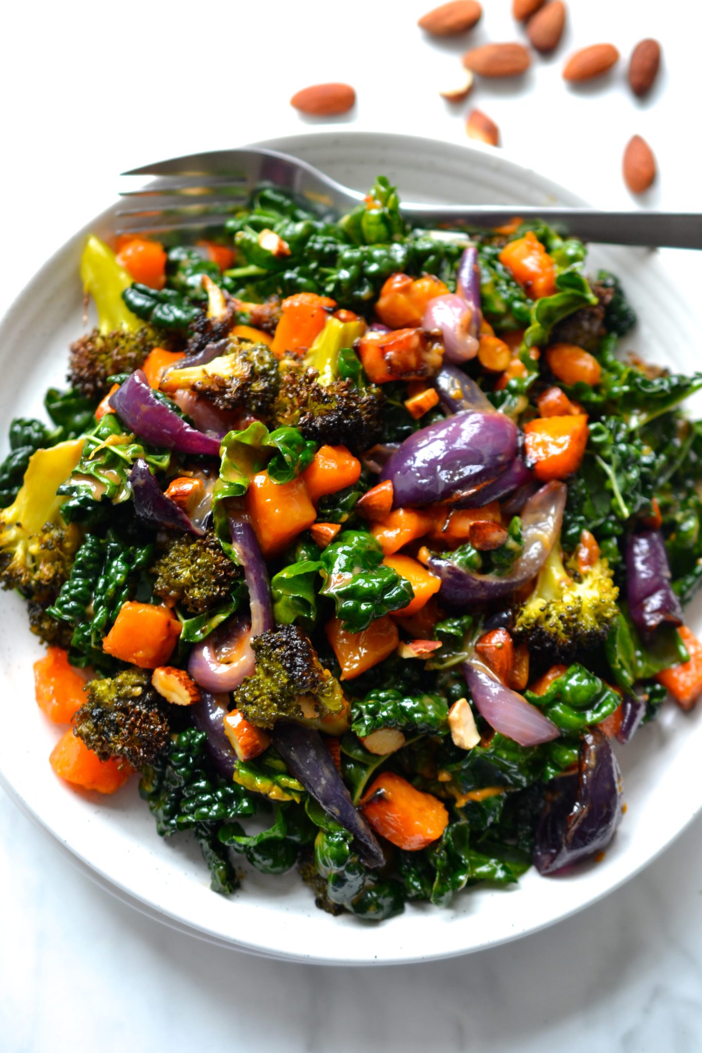 Butternut Squash, Broccoli & Kale Salad with Roasted Garlic Dressing Every Last Bite