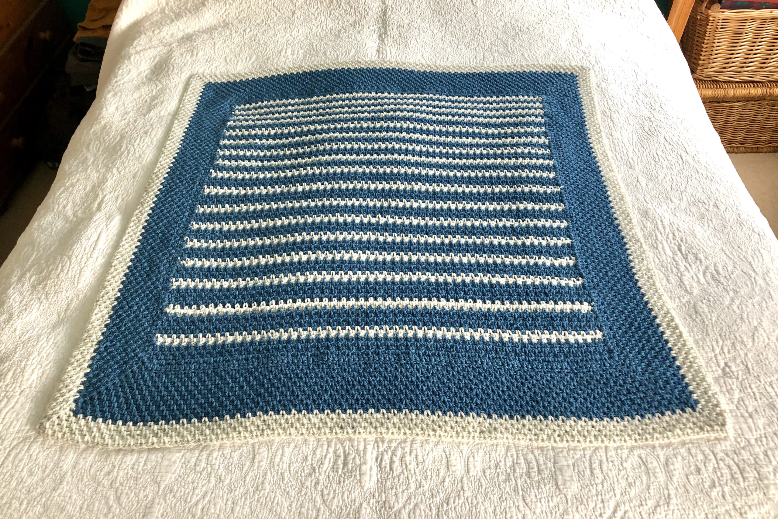 Denim and cream stripe, hand crocheted blanket. Every Stitch