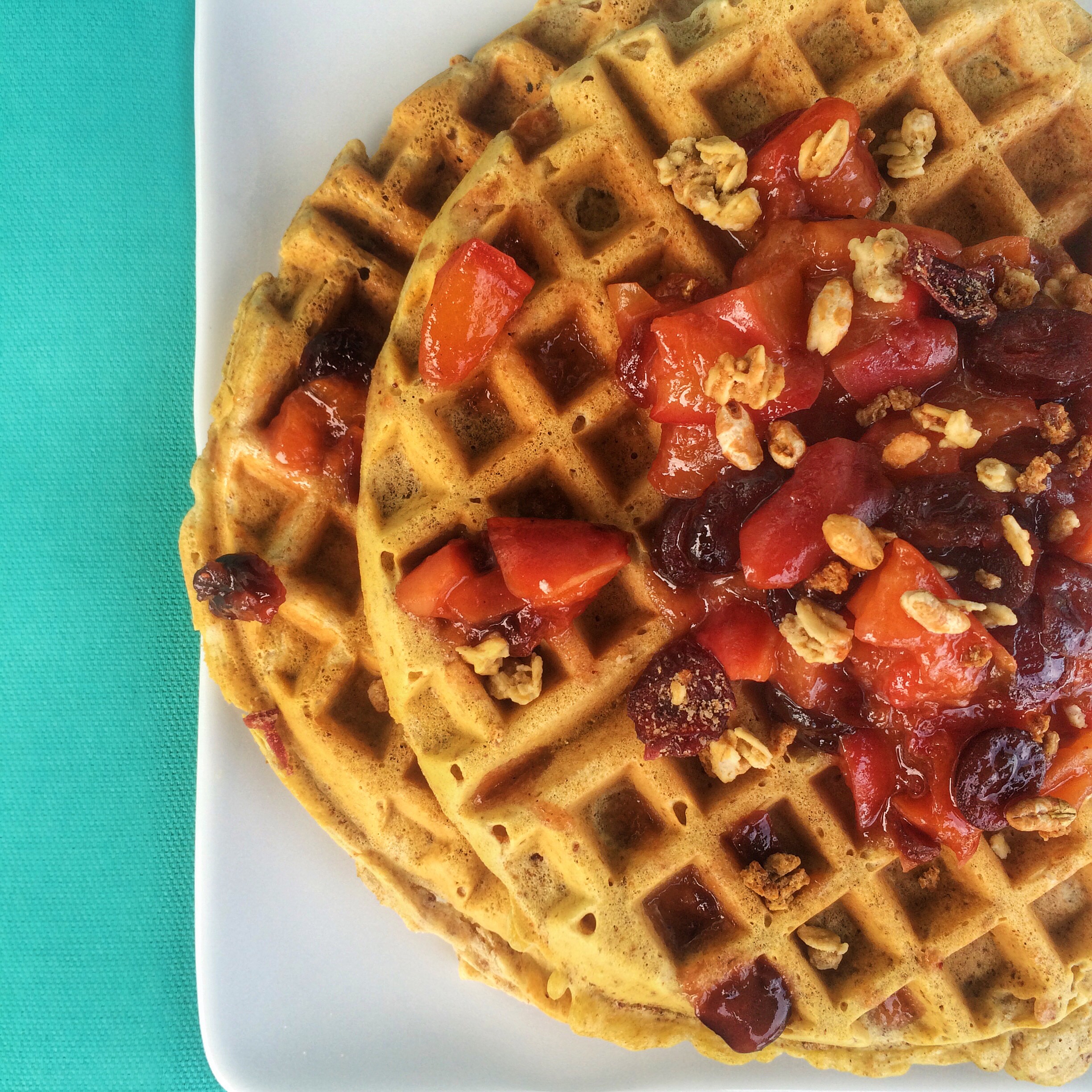 GrapeNuts Waffle w/ Peach and Cranberry Compote Everything Erica