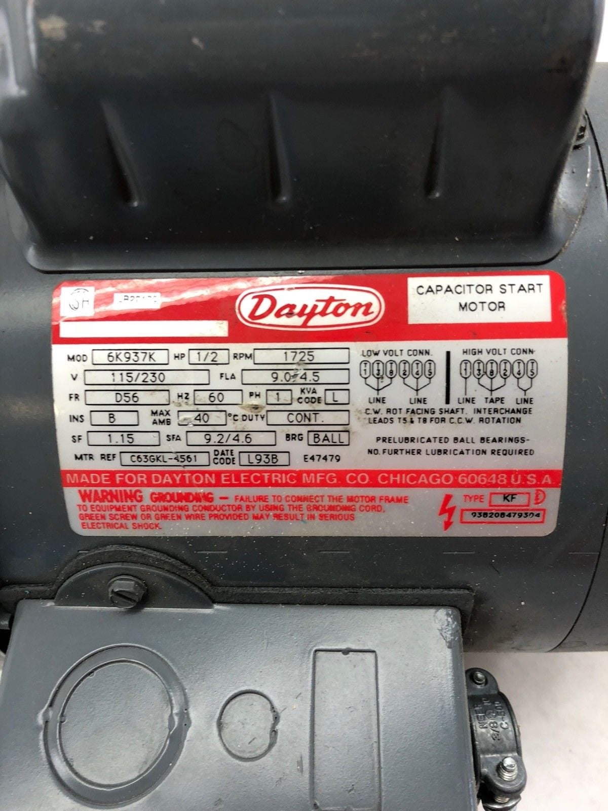 DAYTON 6K937K CAPACITOR START MOTOR 1/2 HP, 1725 RPM, SINGLE PHASE, (B471)