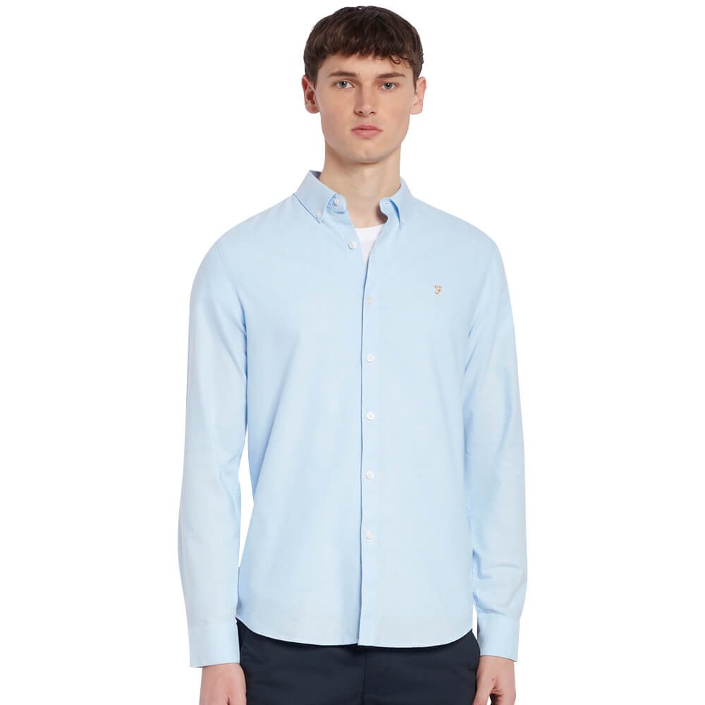 Farah Men's Brewer Slim Fit Organic Cotton Oxford Shirt Sky Blue