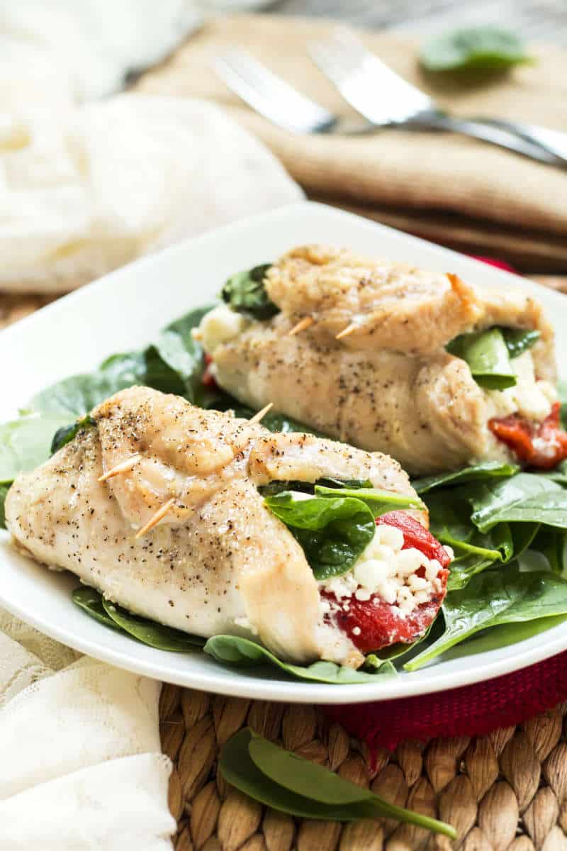 Roasted Bell Pepper Stuffed Chicken with Goat Cheese and Spinach