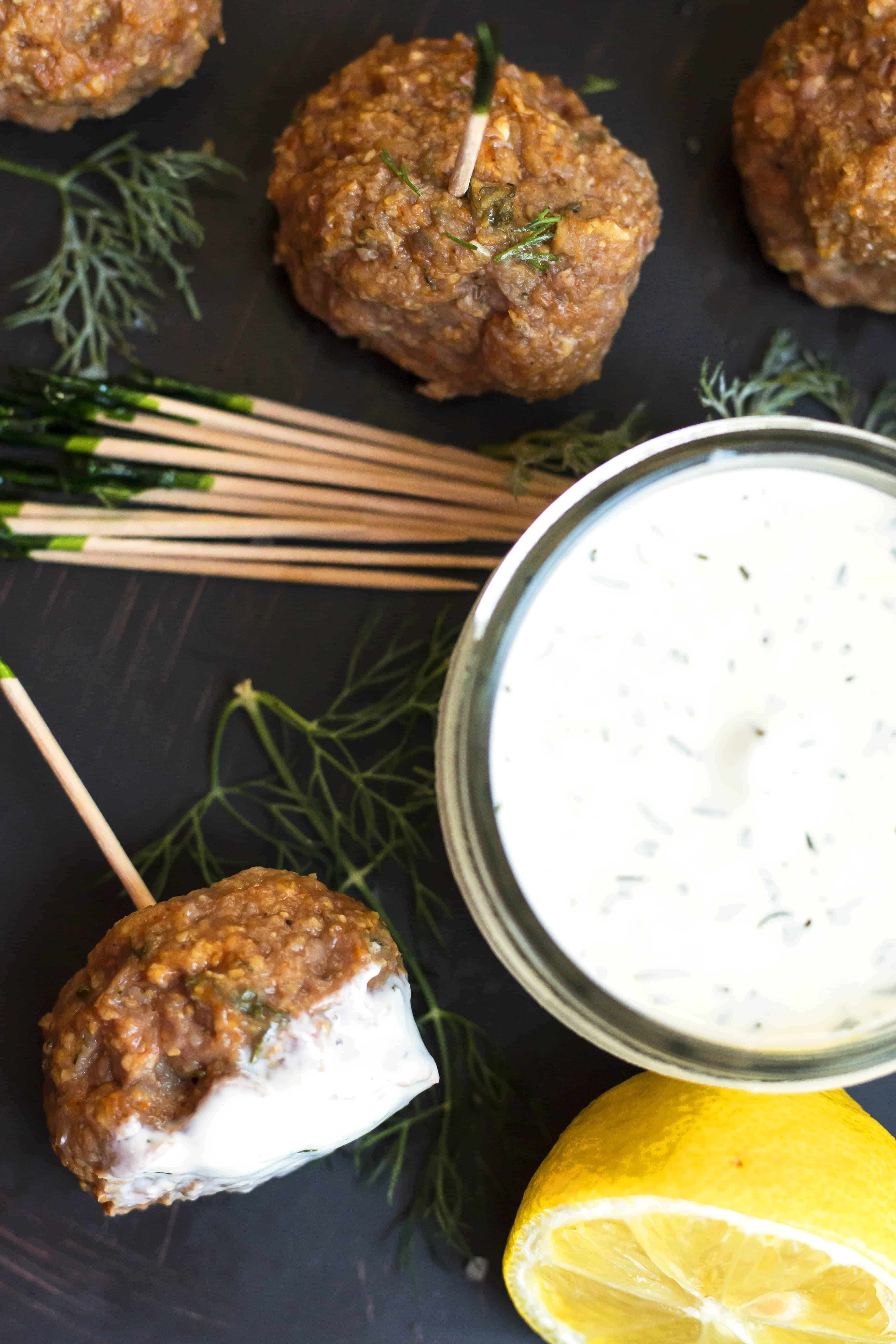 Mediterranean Turkey Meatballs w/ Lemon Dill Yogurt Sauce