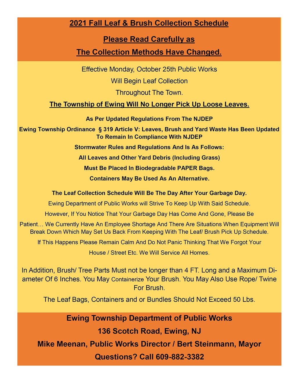 Ewing New Jersey 2021 Fall Leaf & Brush Collection Schedule