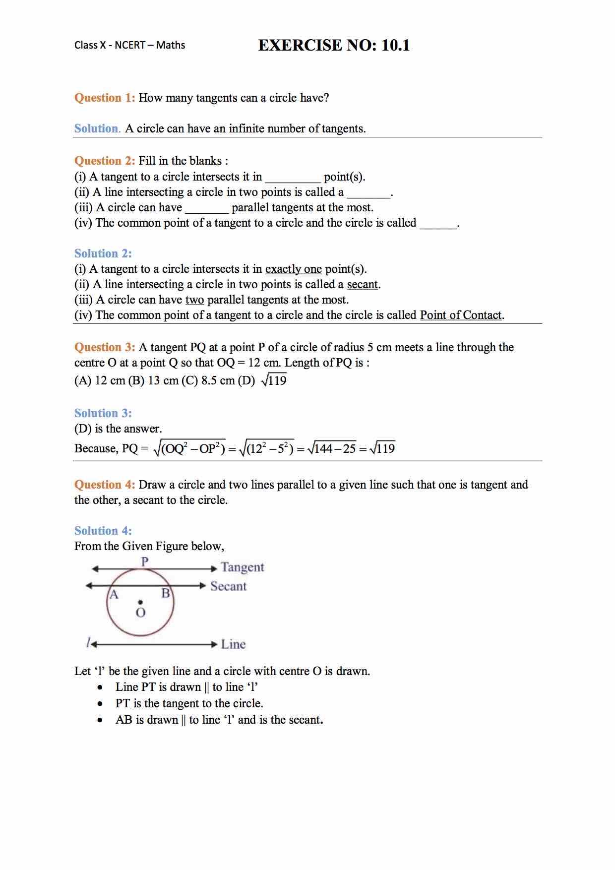 Ncert Solution For 10 Class Math Chapter 10 Circles