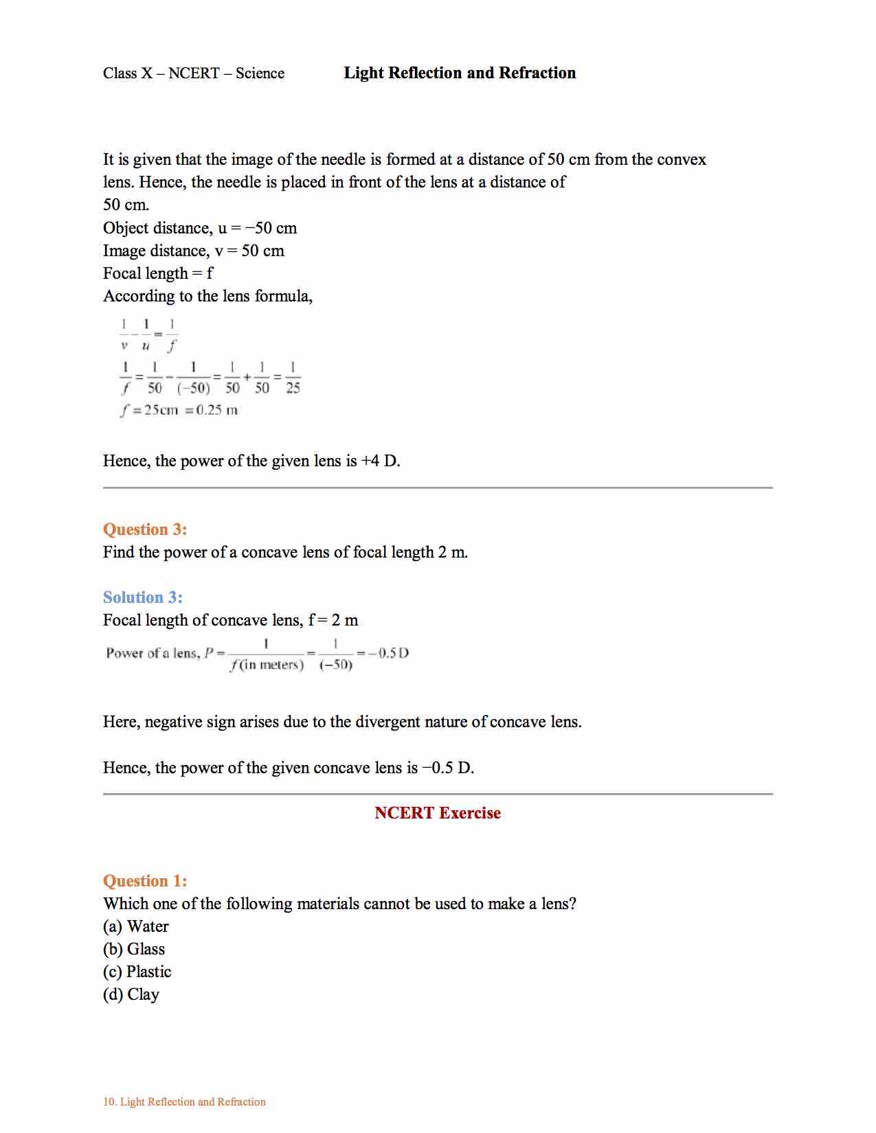 Ncert Solution For 10 Class Science Chapter 10 Light Reflection and