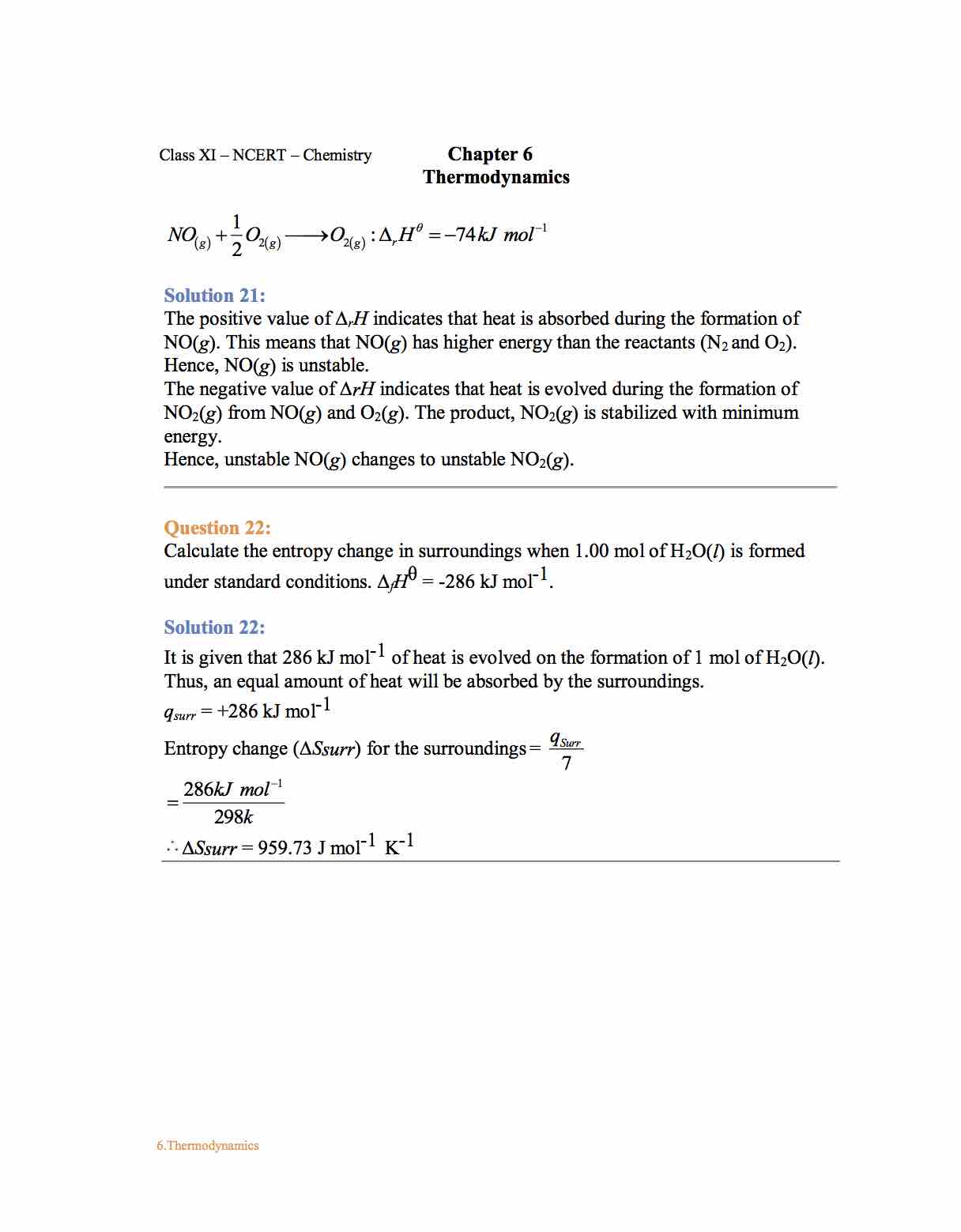 Class 11 Important Questions for Chemistry Thermodynamics