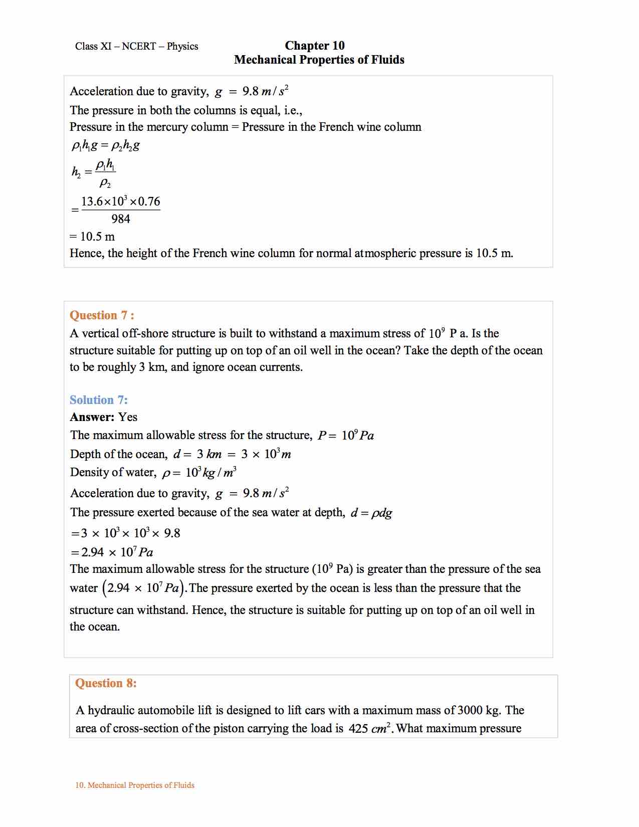 Class 11 Physics Mechanical Properties Of Fluids Ncert