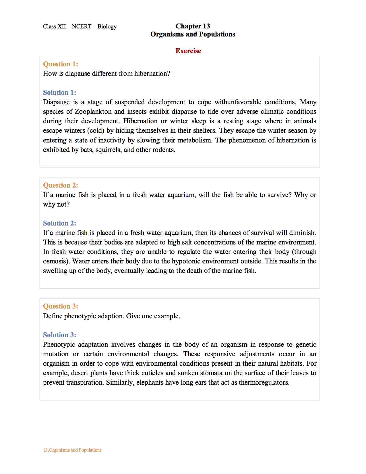 Ncert Solution For Class 12 Biology Chapter 13 Organisms and Populations