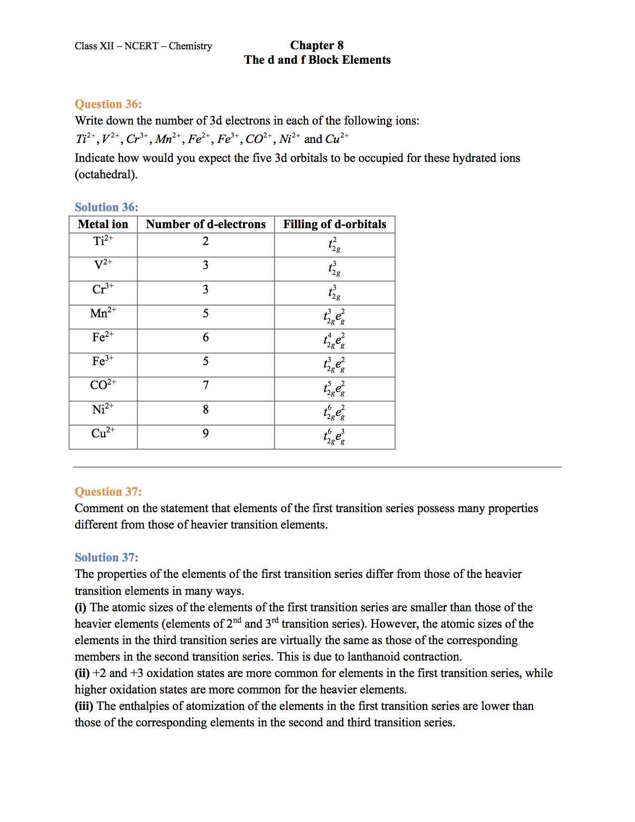 Ncert Solution For Class 12 Chemistry Chapter 8 d and f