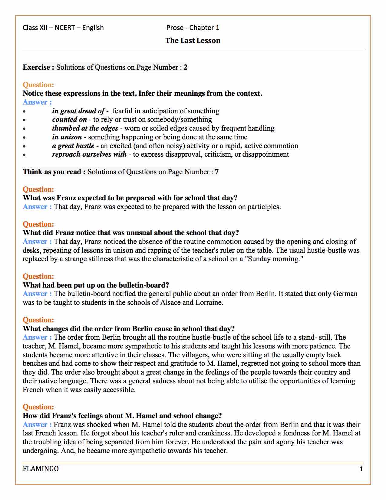 Ncert Solution for Class 12 English Flamingo Chapter 1 The Last Lesson
