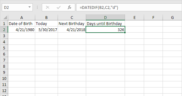 Days until Birthday in Excel Easy Excel Tutorial