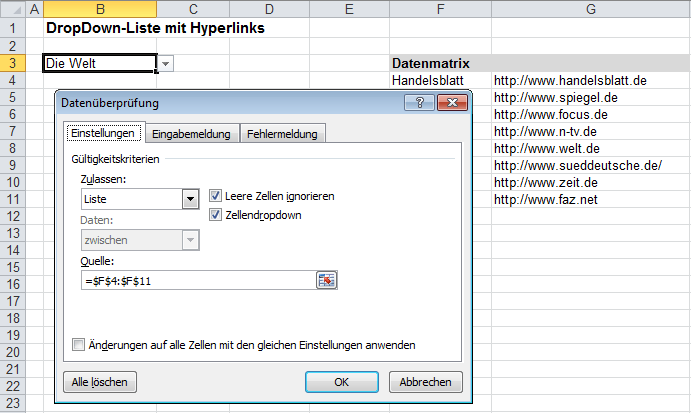 DropDownListe mit Hyperlinks erstellen ExcelInside Solutions