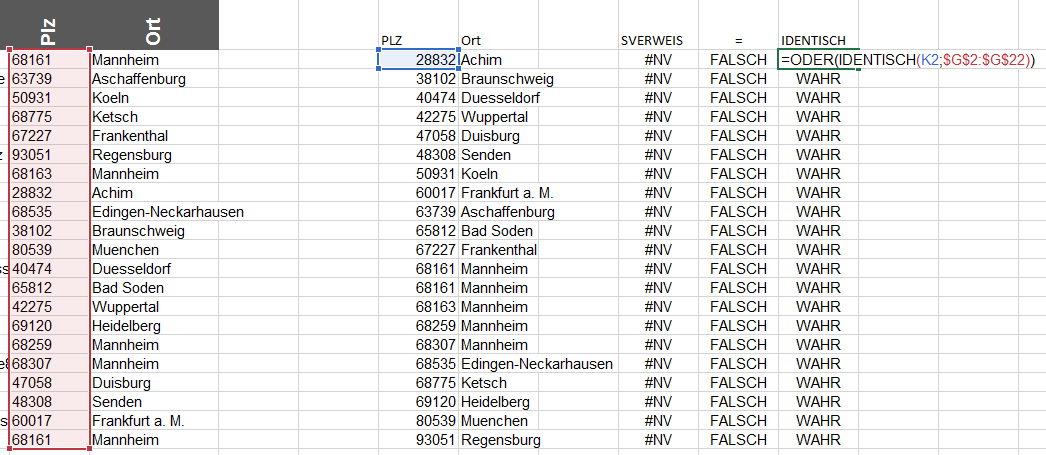 =, IDENTISCH, Matrixformel, oder, SVERWEIS, Text, Zahl, zählenwenn