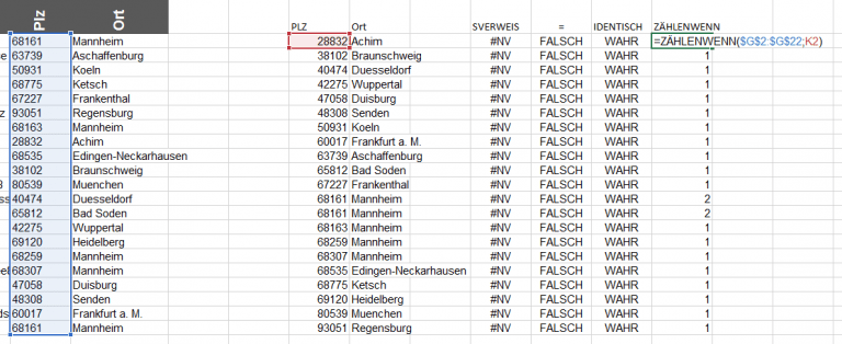=, IDENTISCH, Matrixformel, oder, SVERWEIS, Text, Zahl, zählenwenn