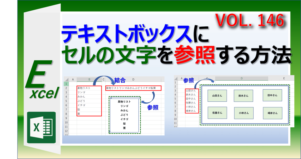【Excel】テキストボックスに単一・複数セルの文字を参照/リンクさせる方法 Excelの森