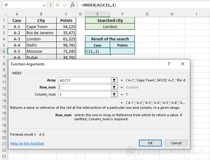 Excel functions INDEX + MATCH