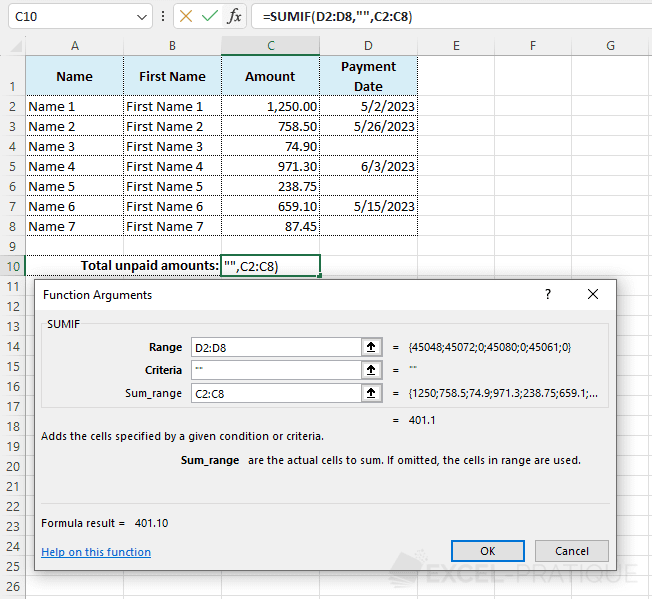 Excel function SUMIF