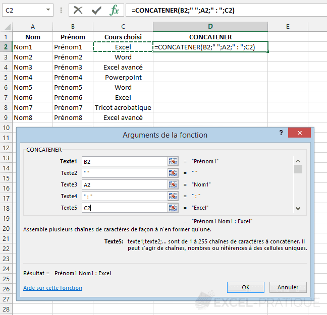 Fonction Excel CONCATENER