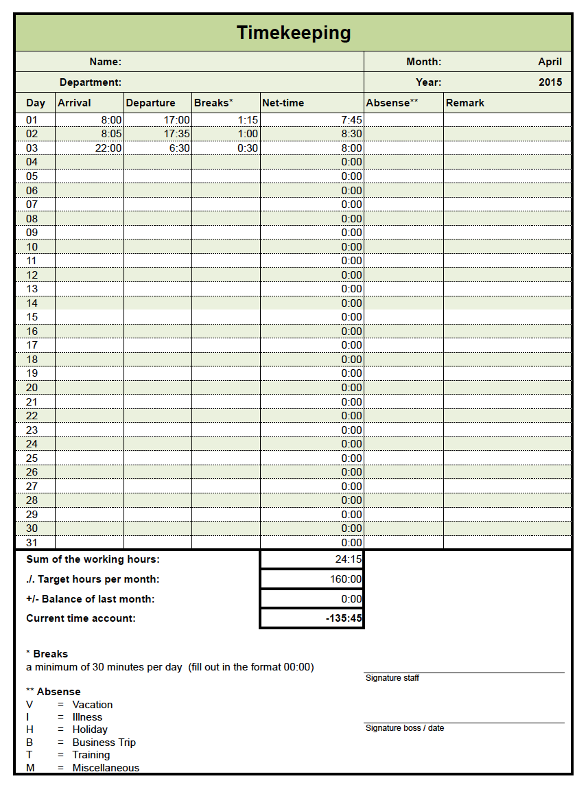 Timekeeping Template with Excel for free