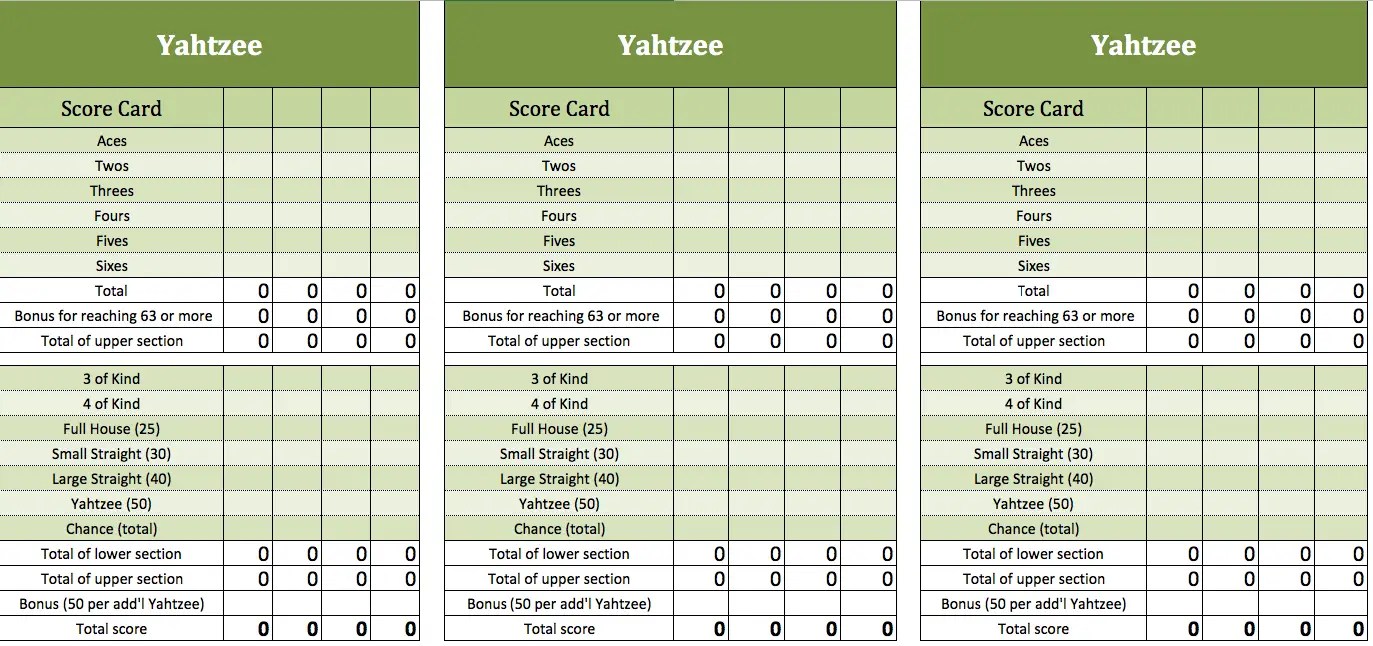 Yahtzee excel template