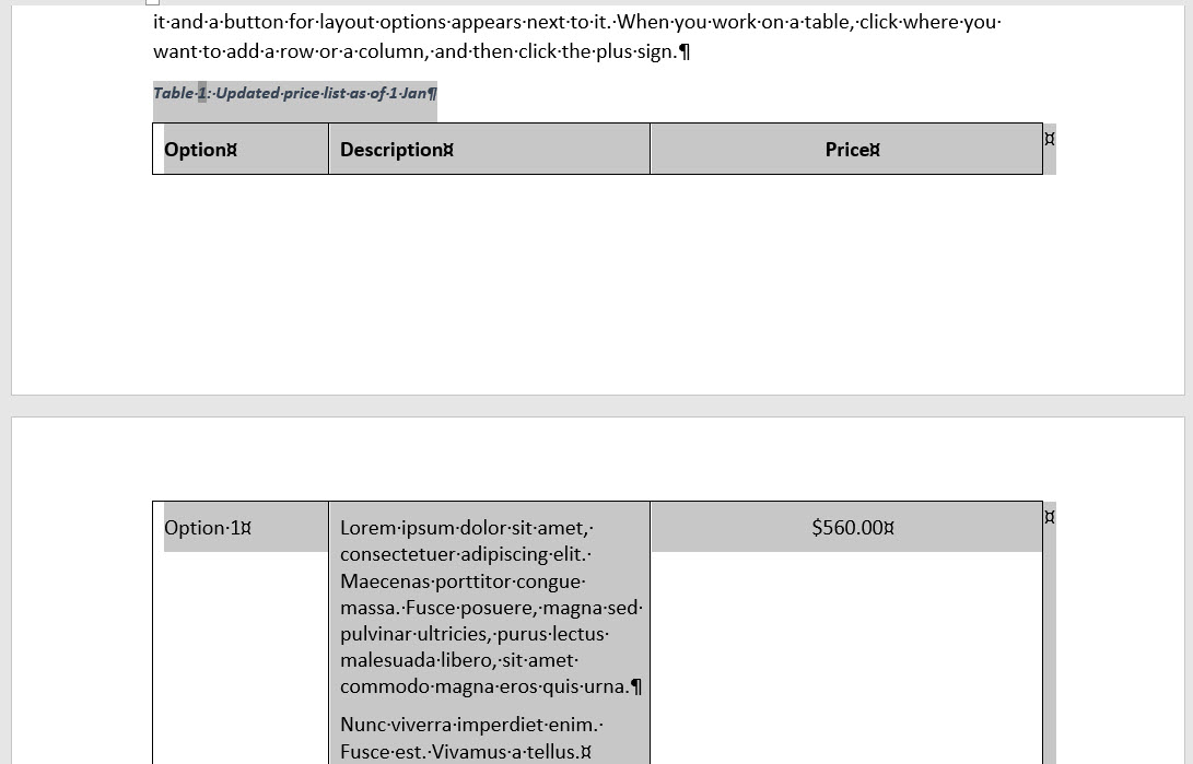 How to prevent a split Table in Word Excel at Work