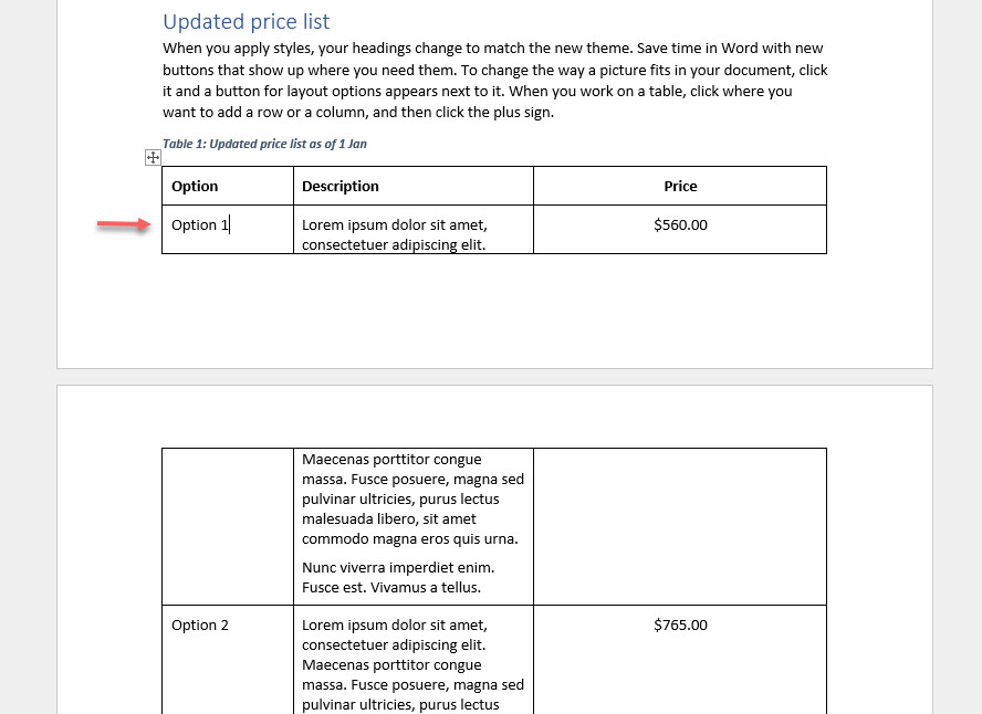 How to prevent a split Table in Word Excel at Work