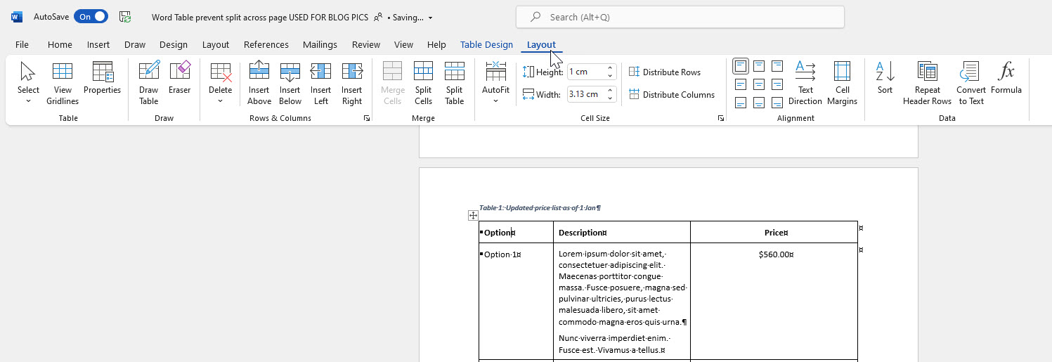 How to prevent a split Table in Word Excel at Work