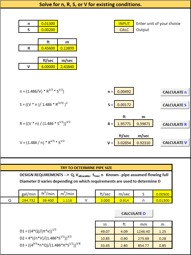 Gravity Pipe Flow Manning's Equation
