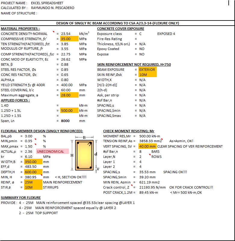 DESIGN OF SINGLY RC BEAM ACCORDING TO CSA A23.314(FLEXURE ONLY)
